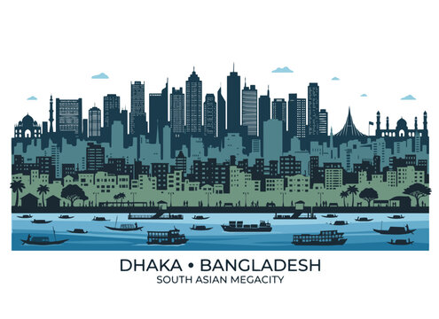 Dhaka Bangladesh City Skyline Flat Vector Illustration Dense Urban Towers Riverside South Asian Megacity Cityscape