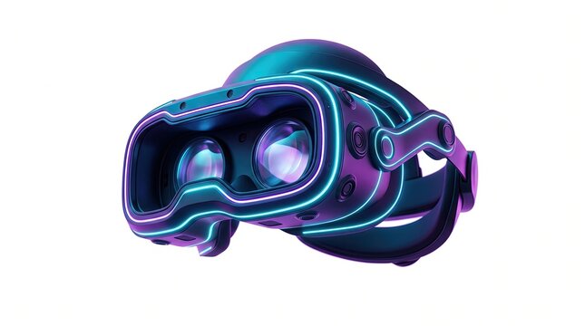 Virtual reality headset glowing with neon blue light.