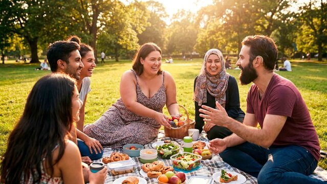 Diverse friends enjoy a happy outdoor picnic at sunset sharing food and laughter in a sunny park