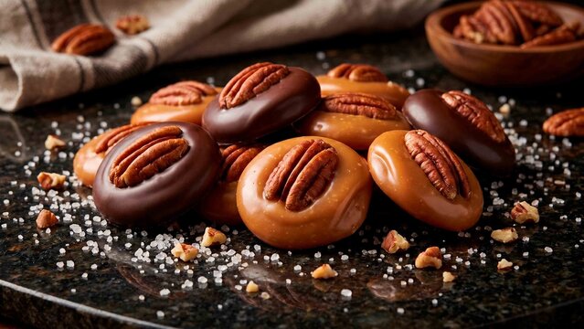 Delicious Dark and Caramel Treats with Nuts on a Reflective Surface Sprinkled with Salt