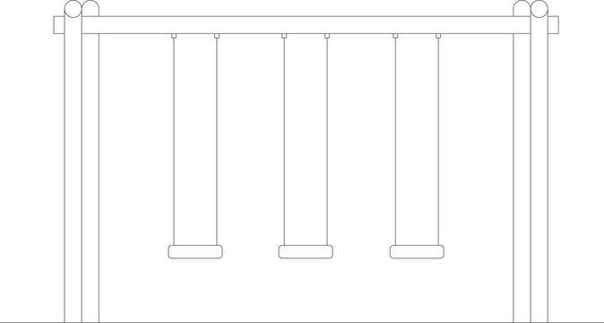Technical vector outline of a playground swing set with three seats, featuring front elevation for landscape site planning.