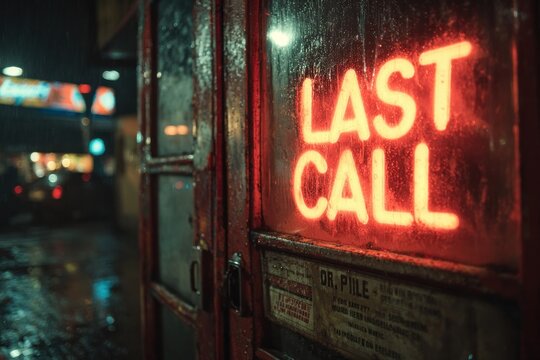 Last Call Sign in a Rainy Night Phone Booth