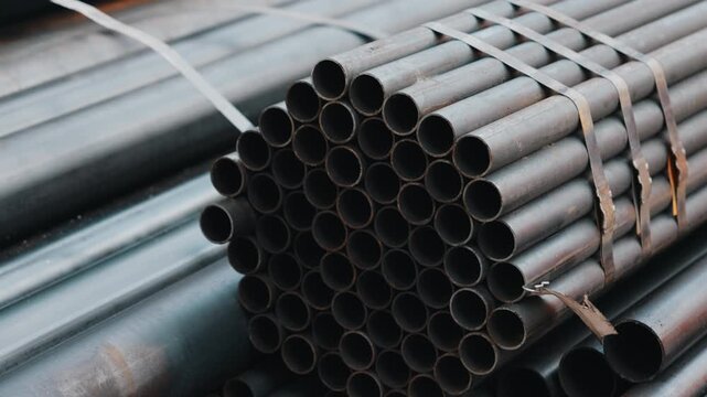 Stacked metal pipes bundled at construction site close up