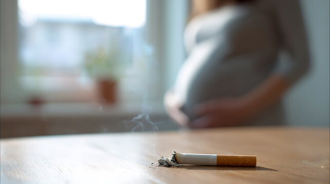 Serious Health Risks: Unfinished Cigarette on Table with Pregnant Woman in Background Showcases Dangers to Expectant Mothers and Babies
