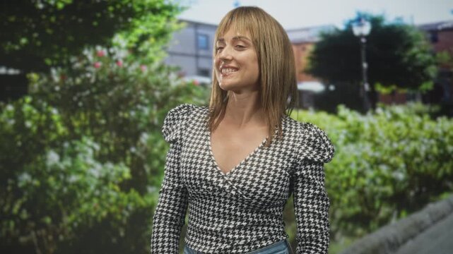 Woman smiling with head slightly turned, v neck houndstooth top and jeans, standing before leafy shrubs and buildings on street; calm contentment.