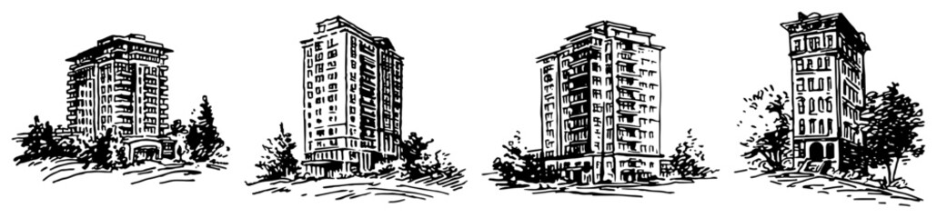 High rise apartment buildings and urban architecture in hand drawn engraving style © Amelia