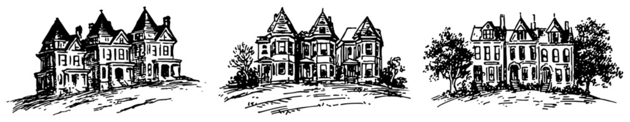 Naklejka premium Victorian manor houses featuring intricate historic details in hand drawn style