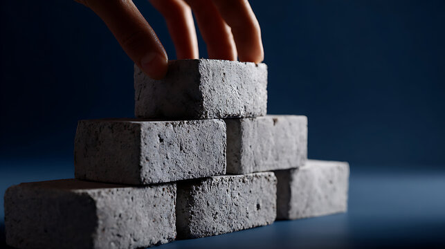 A hand carefully place a rectangular grey stone block to form a pyramid structure construction against a deep blue background with soft lighting