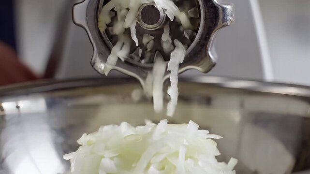 Closeup of a Meat Grinder Processing Fresh Onions for Cooking.