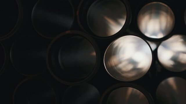 Close up view inside stacked drainage sewer pipes with circular openings