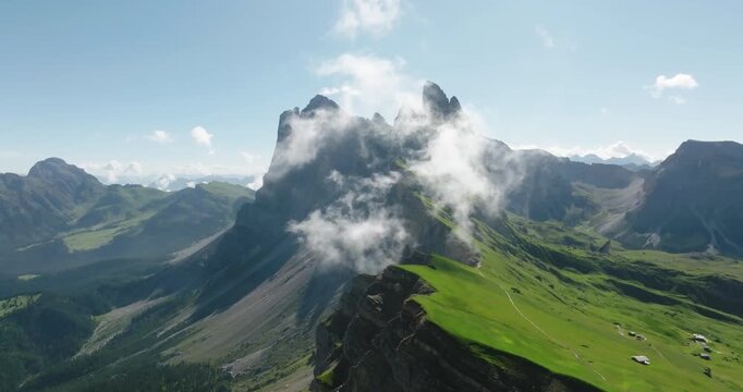Aerial view of Seceda summit in the Dolomites, Italy