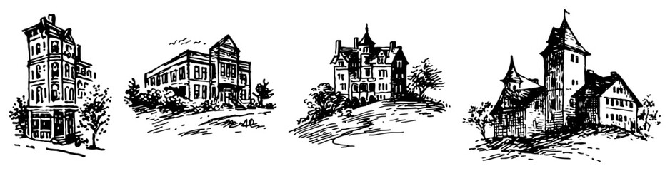 Fototapeta premium Architectural buildings and houses set including castle vintage line art style