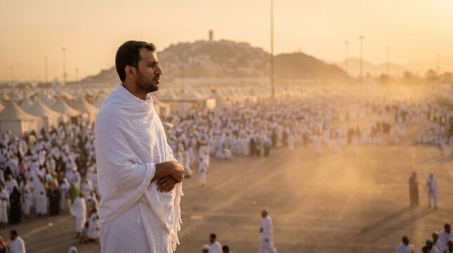 Pilgrim Preparing for Prayer at Arafat Before Sunset