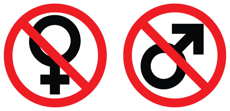Male and female gender symbols with no entry prohibition marks representing restricted areas, access control warning signs, and regulatory restriction icons in clean vector