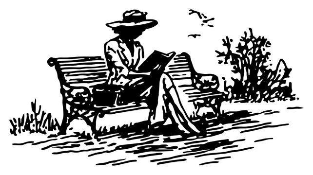 Woman sitting on garden bench reading book vintage woodcut style