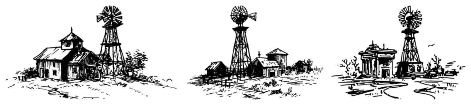 Farm buildings and water pumping windmills in vintage hand drawn sketch style