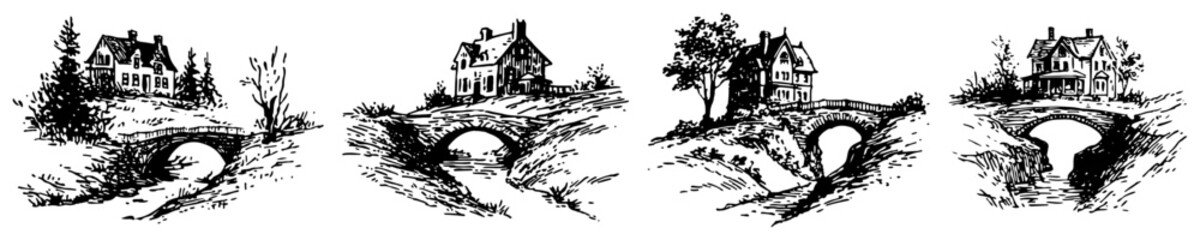 Naklejka premium Country house and stone bridge over river collection in vintage engraving style