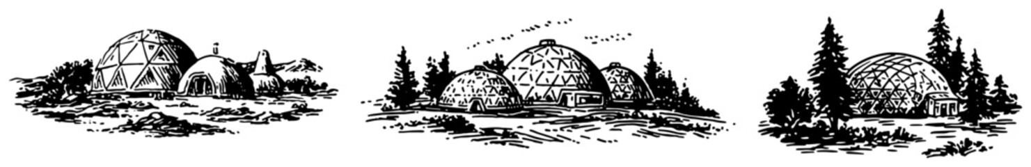 Geodesic dome house and eco architecture set in nature in vintage engraving style © Amelia