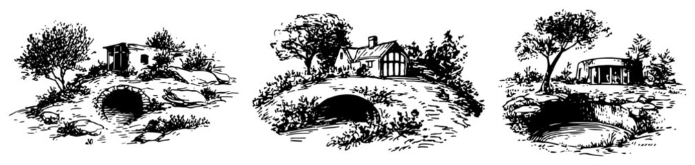 Obraz premium Hillside cottages and rural dwellings built into mounds vintage sketch