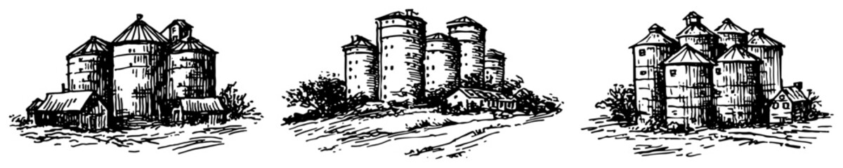 Agricultural grain silos and farm storage buildings vintage sketch © Amelia