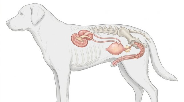 This illustration displays the urinary system of a dog, showing organs like the kidneys, bladder, and urethra for veterinary education.