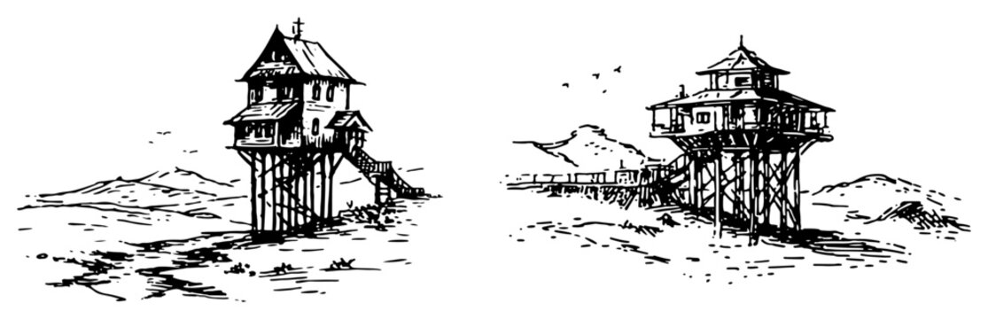 Wooden stilt houses in mountain scenery vintage sketch