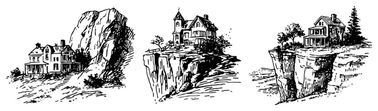 Mansions and villas perched on steep rocky cliffs vintage etching style