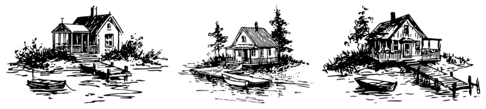 Wooden lake houses with docks and boats on waterfront vintage engraving style