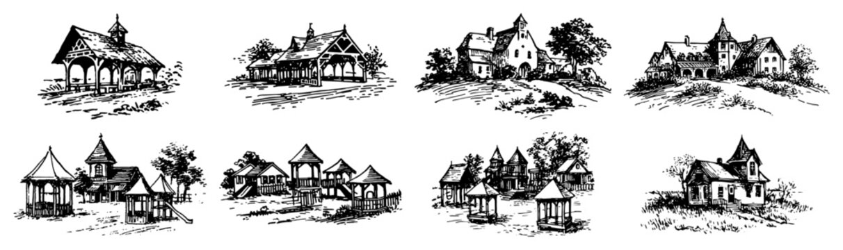 Garden gazebos and wooden pavilions in park landscape vintage line art style