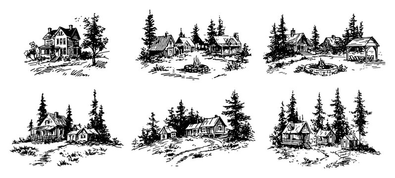 Wooden log cabins and forest campsites with pine trees in vintage hand drawn engraving style
