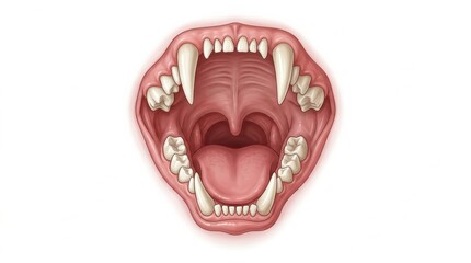 Obraz premium Illustration shows open mouth of a pet, highlighting dental anatomy used for veterinary education and medical training in animal care