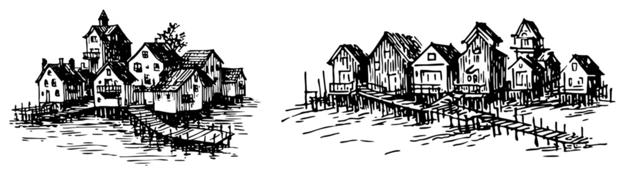 Fishing village with wooden houses on stilts and pier in hand drawn sketch style