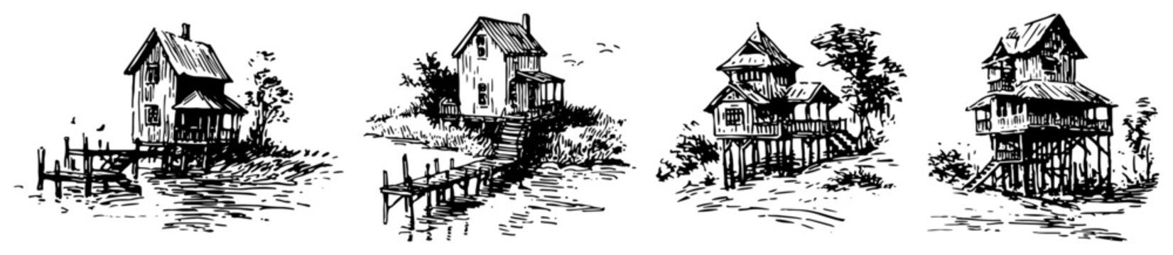 Wooden stilt houses with wooden piers by the water in vintage sketch style