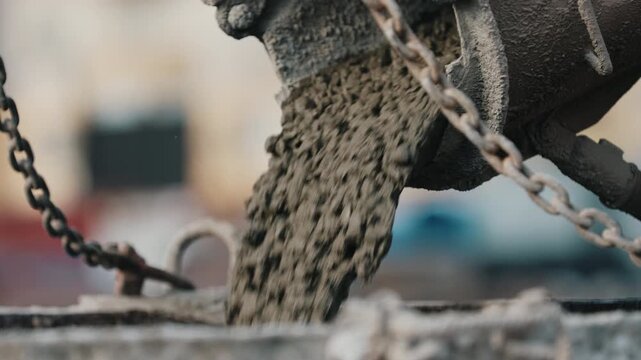 Pouring concrete from truck mixer chute into formwork close up