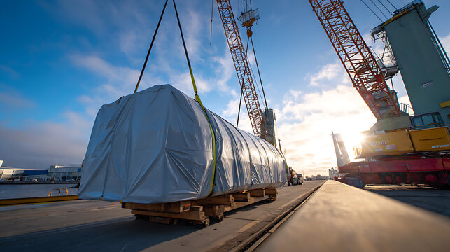 Industrial heavy lift operation at port with large cranes load wrapped cargo bundle under bright sunny blue sky with clouds