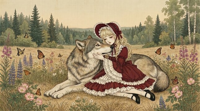 A ball-jointed doll girl standing with a large wolf in a grassy field at sunset