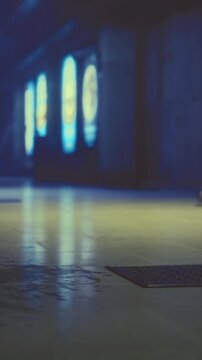 In a dark hallway, wet tiles reflect light from colorful posters on the walls. A drain cover is visible on the floor. The scene shows a quiet moment in an often busy location.