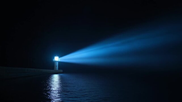 Lighthouse Beam Rotating Over Dark Sea at Night