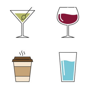 Set of minimalist beverage icons including martini glass wine glass coffee cup and water tumbler on a white background, modern drink icon set