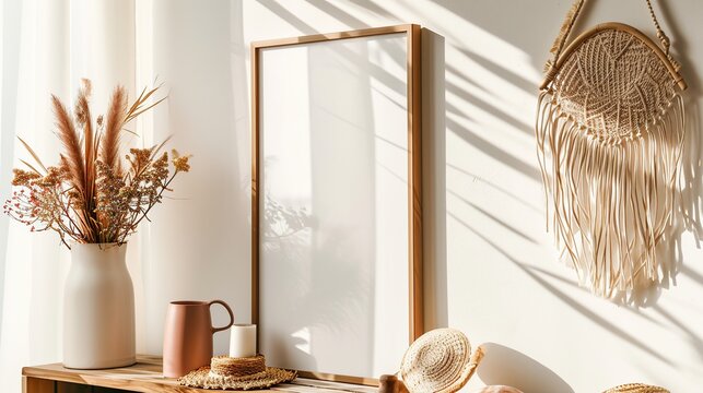 Cozy Sunlit Corner with Dried Botanicals, Rattan Decor, and Macrame Wall Hanging