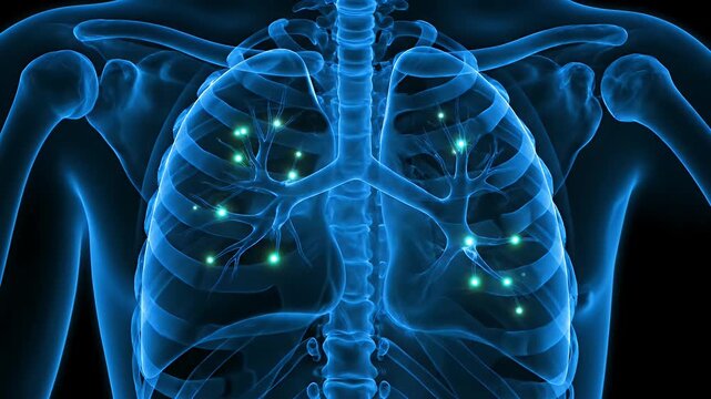 Human respiratory system visualization with glowing particles on a blue xray display