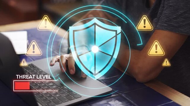 Cybersecurity Shield Hologram Alert System Animation Black Background Screen Mode