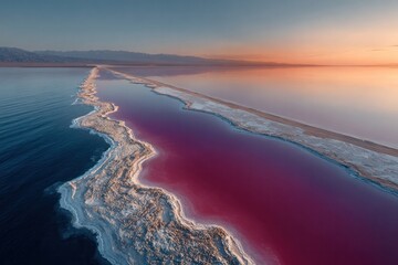 Fototapeta premium Aerial View of a Pink Salt Lake at Sunset