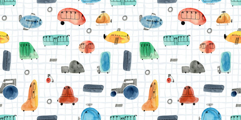 Bright seamless pattern with cute stylized watercolor and ink transport on textured gingham striped background. Watercolour print of bus, cars, airplanes, helicopter for kids textile design © Tatahnka