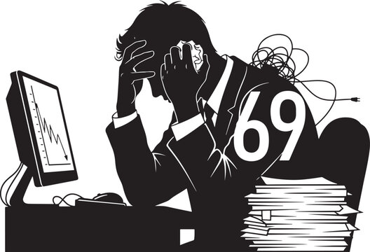 Stressed businessman overwhelmed by work at computer with overwhelmed