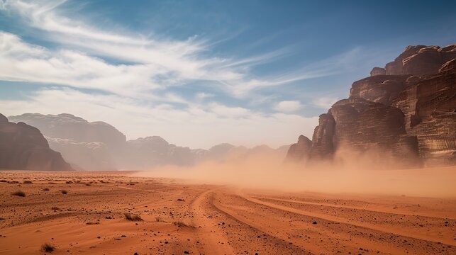 Dusty Desert Road Trek Through Expansive Arid Canyon With Wind-Swept Sand and Cliffs