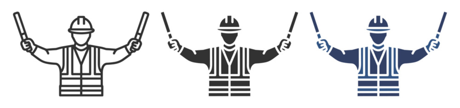 Construction Worker with Signal Batons Icon Set