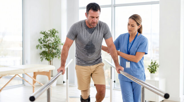 Female physiotherapist helping middle aged man with leg injury walking on parallel bars