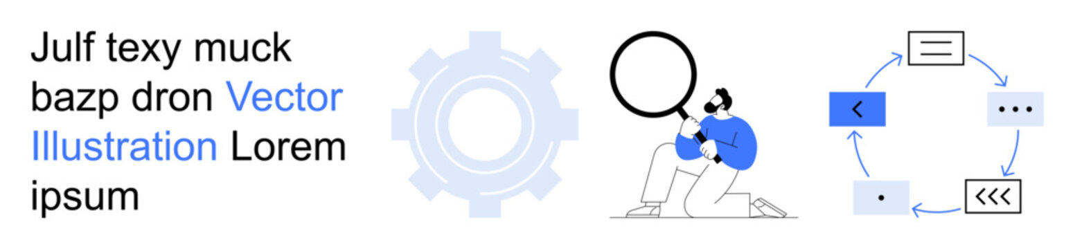 Business analysis, workflow design, process optimization, data evaluation, innovation, project management. Person holding magnifier, flowchart gear. Business analysis and workflow design concept