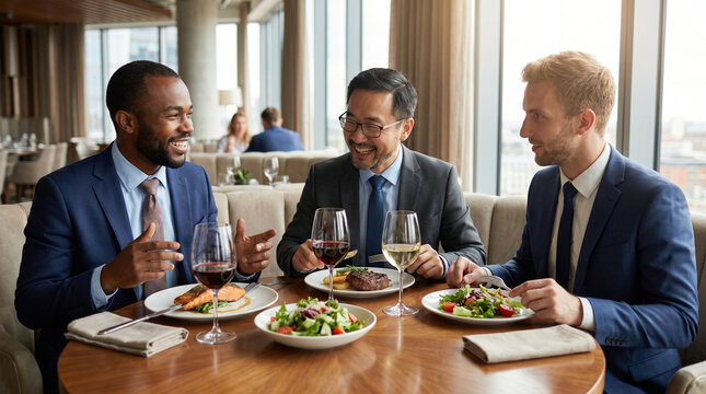 Multiracial business team networking over lunch at upscale hotel restaurant for B2B meeting